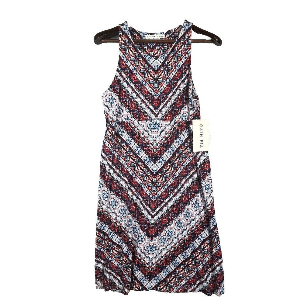 Athleta Womens L Santorini Dress High Neck Chevron Print Boho Travel Red Blue